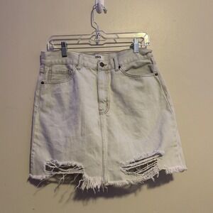 IBD Denim Skirt Distressed Hem Light Wash A Line Mini Size L 100% Cotton Grunge